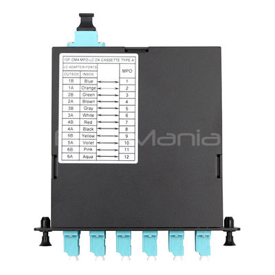 12 Fibers MTP to LC Cassette with Zirconia Ceramic Sleeves and Aluminium Body for Type A Polarity